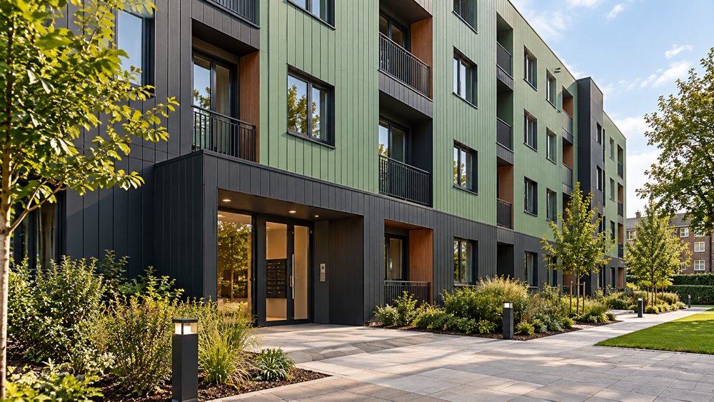 New build affordable housing with green cladding