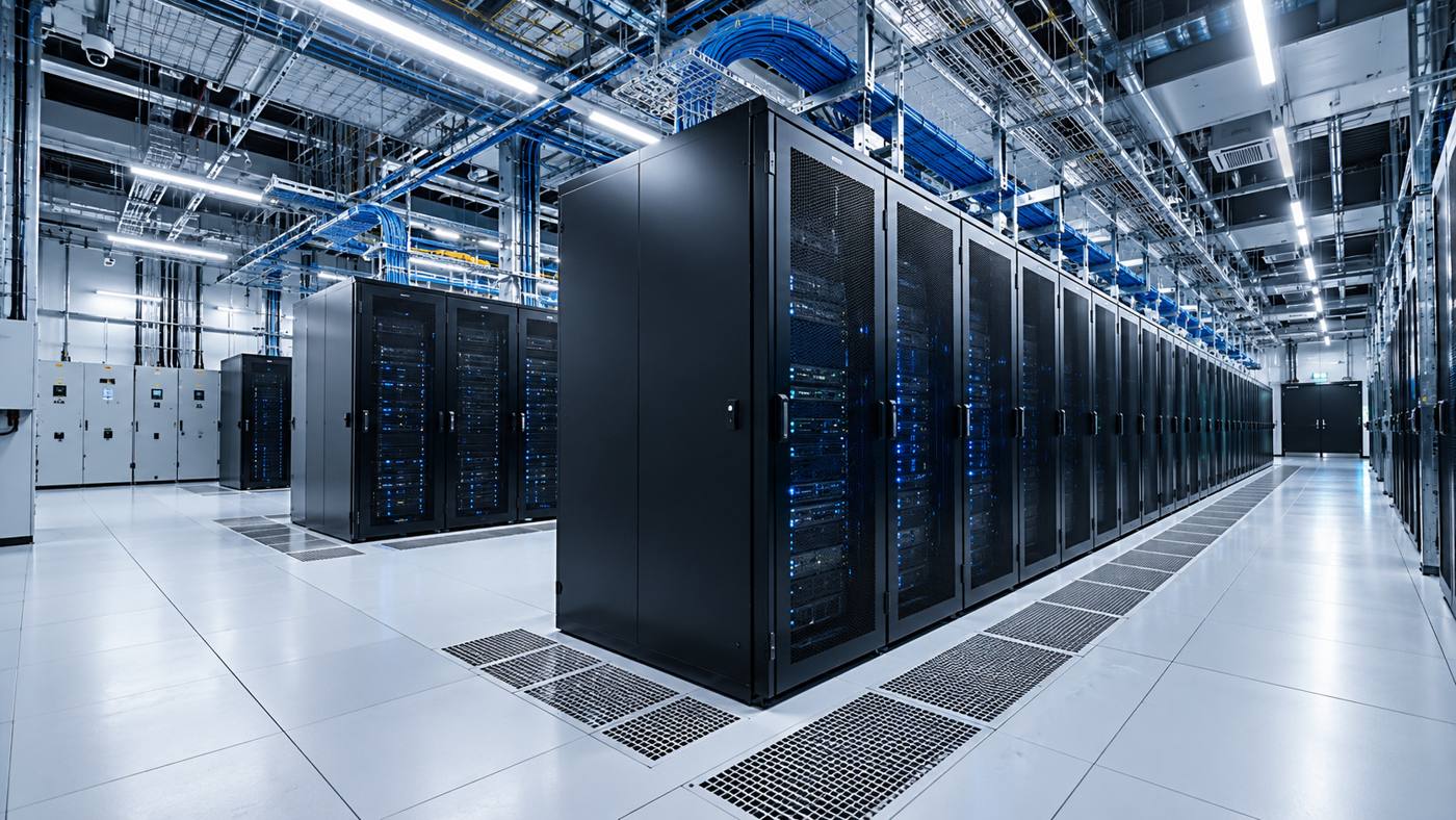 Wide data hall with server rows receding into the distance