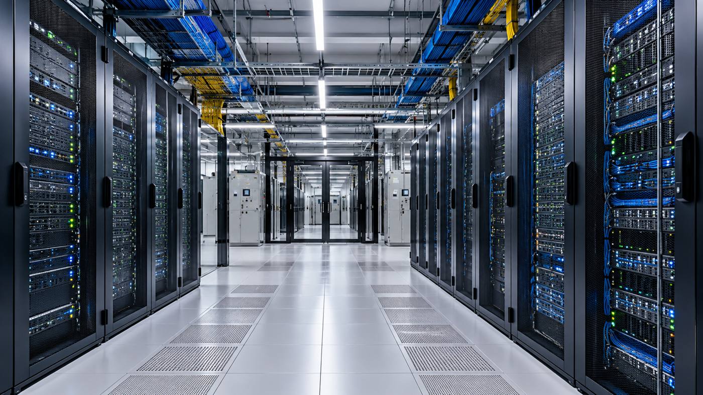 Server aisle with black racks, blue status lights and an open central walkway