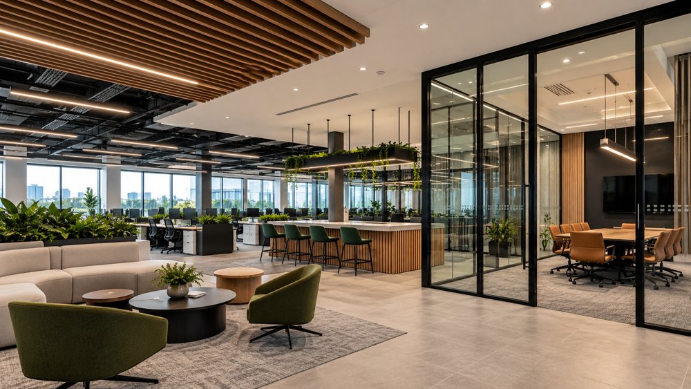 Open plan office fit out with a glazed meeting room