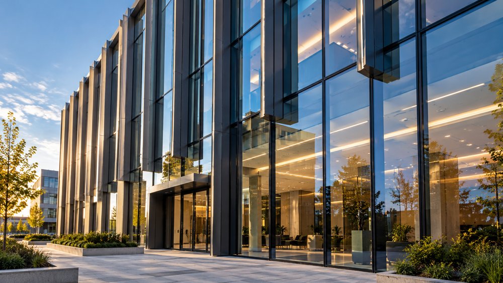 Glazed building facade at sunset