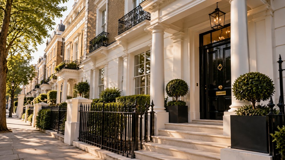 Stucco fronted townhouses on a London street
